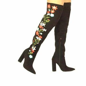 NIB Qupid Black Velvet Floral Embroidered Over-The-Knee High Heel Boots 5.5